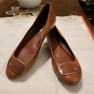 Ralph Lauren Brown Leather Ballet Flats with Logo Plaque